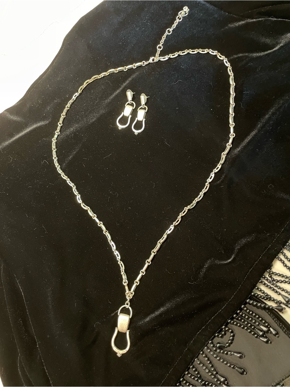 CAbi Brushed Silver-Tone Equestrian Pendant Necklace 34” + Matching Earrings 2”